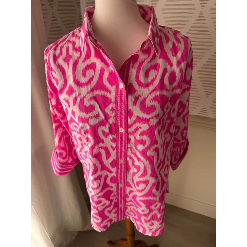 Gretchen Scott Women’s Large Pink Arabesque Ikat Print Boyfriend Shirt - Picture 7 of 8